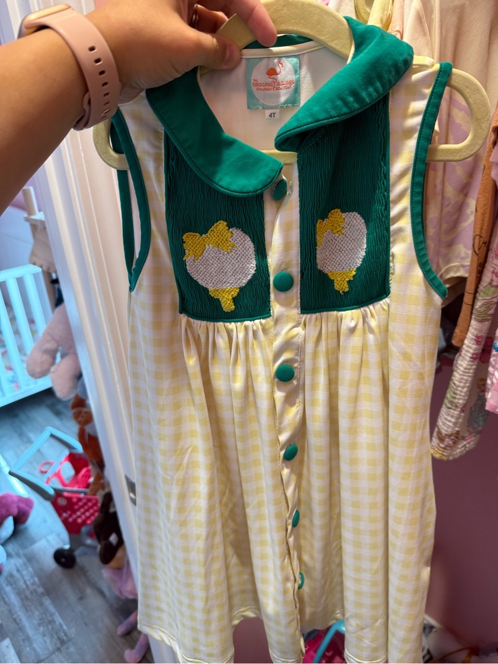 Green & Yellow Gingham Girls' Dress with Embroidered Apples - 4T